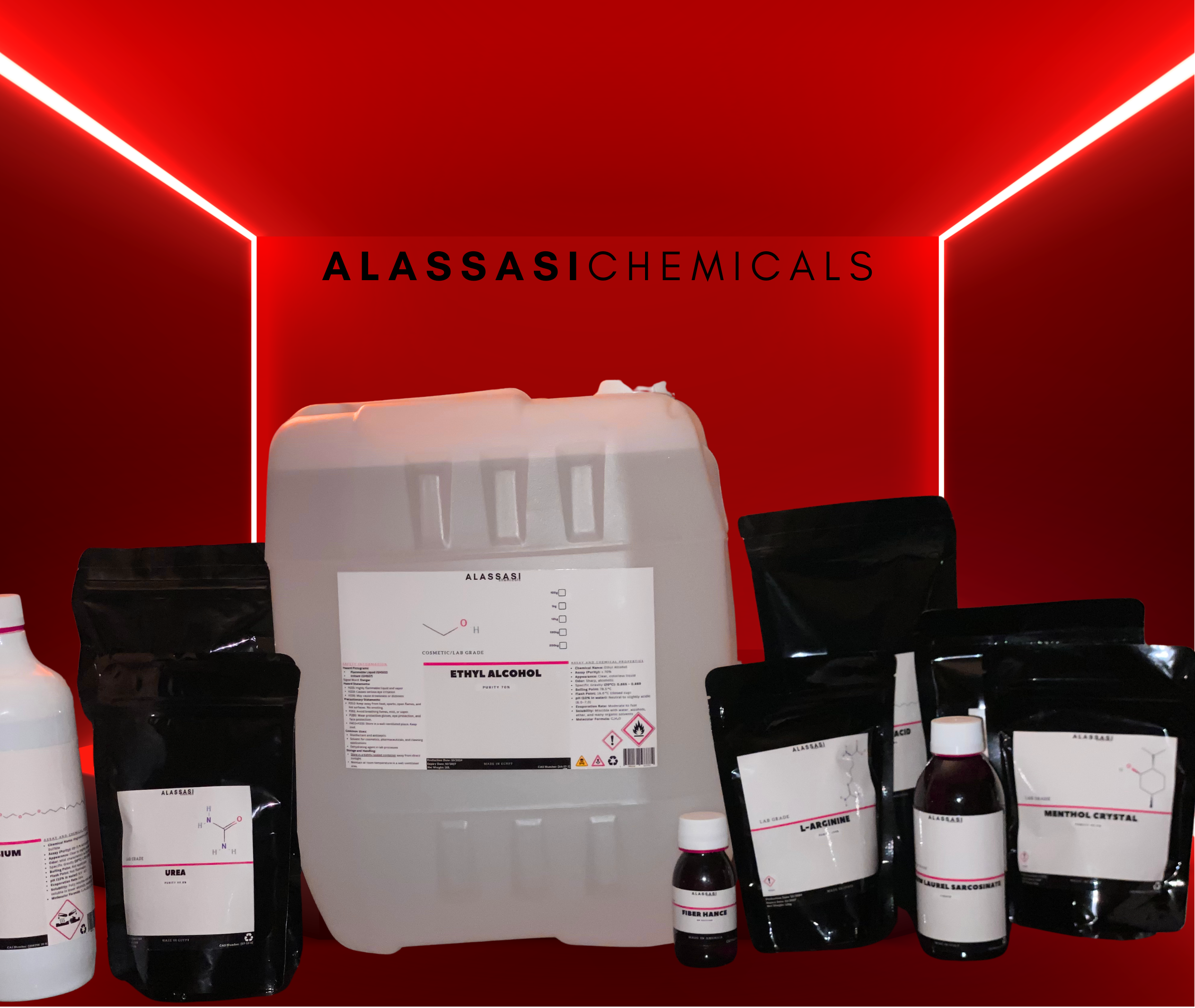 Alassasi Chemicals products displayed against a red background with 'Alassasi Chemicals' branding.