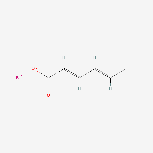 Chemical structure of a potassium peroxyacetate molecule on a white background